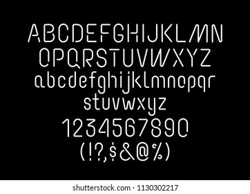 Neon linear tube font, uppercase and lowercase grotesque sans serif typography, numerals and symbols, soft and light minimalistic stencil letters for neon signs and advertising boards