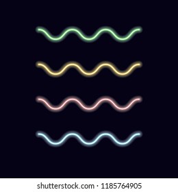 Neon linear waves. Vector serpentine lines decorative light design elements on isolated dark background.