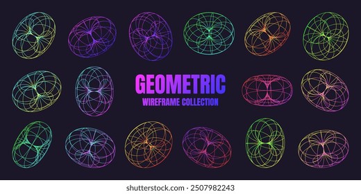 Neon lined wireframe shapes. Perspective mesh, 3d grid. Low poly geometric elements. Retro futuristic design elements, y2k, vaporwave and synthwave style. Vector illustration