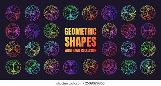 Neon lined wireframe shapes. Perspective mesh, 3d grid. Low poly geometric elements. Retro futuristic design elements, y2k, vaporwave and synthwave style. Vector illustration