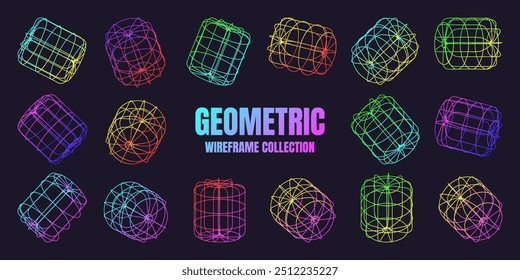 Neon lined wireframe shapes. Perspective mesh, 3d grid. Low poly geometric elements. Retro futuristic design elements, y2k, vaporwave and synthwave style. Vector illustration