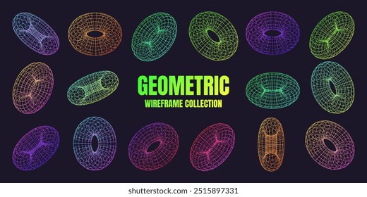 Formas de wireframe alinhadas a néon. Malha em perspectiva, grade 3d. Elementos poligeométricos baixos. Elementos de design futurista retro, y2k, vaporwave e estilo synthwave. Ilustração vetorial