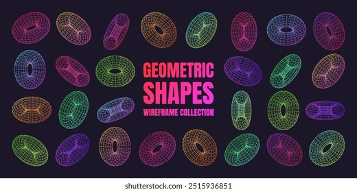 Neongefütterte Drahtmodelle. Perspektivnetz, 3D-Gitter. Geometrische Elemente mit niedrigem Poly. Retro futuristische Design-Elemente, y2k, Vaporwave und Synthwave-Stil. Vektorgrafik
