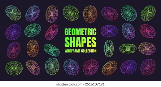 Formas de wireframe alinhadas a néon. Malha em perspectiva, grade 3d. Elementos poligeométricos baixos. Elementos de design futurista retro, y2k, vaporwave e estilo synthwave. Ilustração vetorial