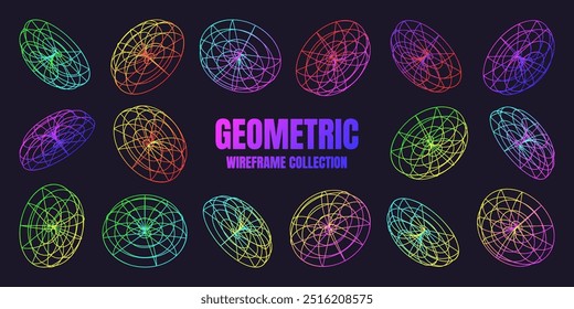 Neon lined wireframe shapes. Perspective mesh, 3d grid. Low poly geometric elements. Retro futuristic design elements, y2k, vaporwave and synthwave style. Vector illustration