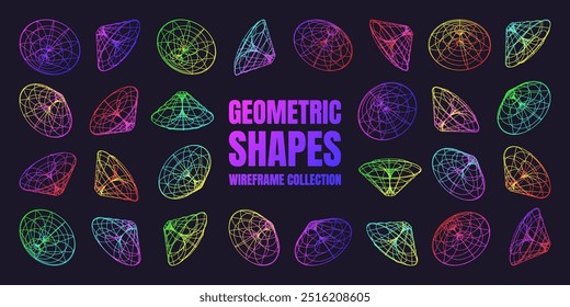 Neongefütterte Drahtmodelle. Perspektivnetz, 3D-Gitter. Geometrische Elemente mit niedrigem Poly. Retro futuristische Design-Elemente, y2k, Vaporwave und Synthwave-Stil. Vektorgrafik
