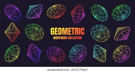 Neon lined wireframe shapes. Perspective mesh, 3d grid. Low poly geometric elements. Retro futuristic design elements, y2k, vaporwave and synthwave style. Vector illustration