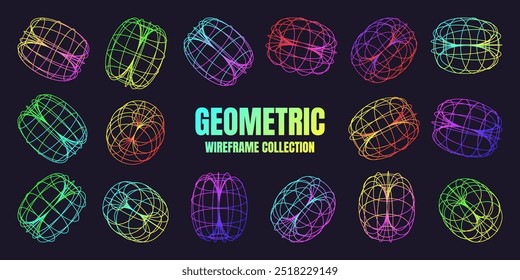 Formas de wireframe alinhadas a néon. Malha em perspectiva, grade 3d. Elementos poligeométricos baixos. Elementos de design futurista retro, y2k, vaporwave e estilo synthwave. Ilustração vetorial