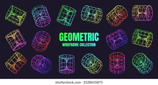 Formas de wireframe alinhadas a néon. Malha em perspectiva, grade 3d. Elementos poligeométricos baixos. Elementos de design futurista retro, y2k, vaporwave e estilo synthwave. Ilustração vetorial