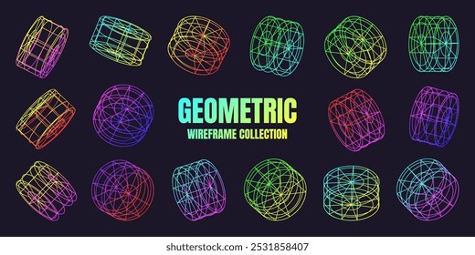 Neon lined wireframe shapes. Perspective mesh, 3d grid. Low poly geometric elements. Retro futuristic design elements, y2k, vaporwave and synthwave style. Vector illustration