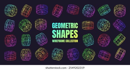 Formas de wireframe alinhadas a néon. Malha em perspectiva, grade 3d. Elementos poligeométricos baixos. Elementos de design futurista retro, y2k, vaporwave e estilo synthwave. Ilustração vetorial