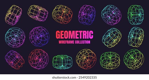 Neon lined wireframe shapes. Perspective mesh, 3d grid. Low poly geometric elements. Retro futuristic design elements, y2k, vaporwave and synthwave style. Vector illustration