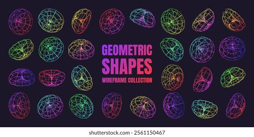 Neon lined wireframe shapes. Perspective mesh, 3d grid. Low poly geometric elements. Retro futuristic design elements, y2k, vaporwave and synthwave style. Vector illustration