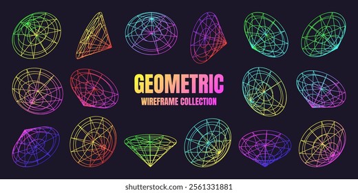 Neon lined wireframe shapes. Perspective mesh, 3d grid. Low poly geometric elements. Retro futuristic design elements, y2k, vaporwave and synthwave style. Vector illustration