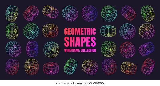 Neon lined wireframe shapes. Perspective mesh, 3d grid. Low poly geometric elements. Retro futuristic design elements, y2k, vaporwave and synthwave style. Vector illustration