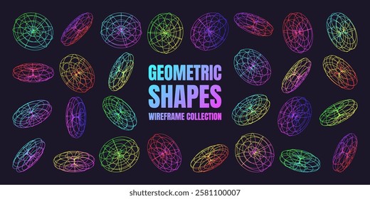 Neon lined wireframe shapes. Perspective mesh, 3d grid. Low poly geometric elements. Retro futuristic design elements, y2k, vaporwave and synthwave style. Vector illustration