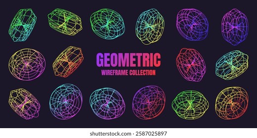 Neon lined wireframe shapes. Perspective mesh, 3d grid. Low poly geometric elements. Retro futuristic design elements, y2k, vaporwave and synthwave style. Vector illustration