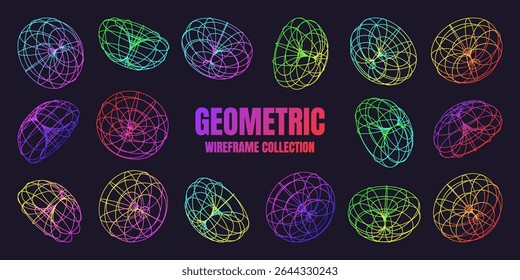 Neon lined wireframe shapes. Perspective mesh, 3d grid. Low poly geometric elements. Retro futuristic design elements, y2k, vaporwave and synthwave style. Vector illustration