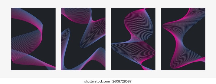 Neon lines abstract cards set. Dynamic gradient graphic elements template. Dark background with wavy pink and blue waves. Flyer, brochure, booklet, leaflet, postcard. Vector graphics