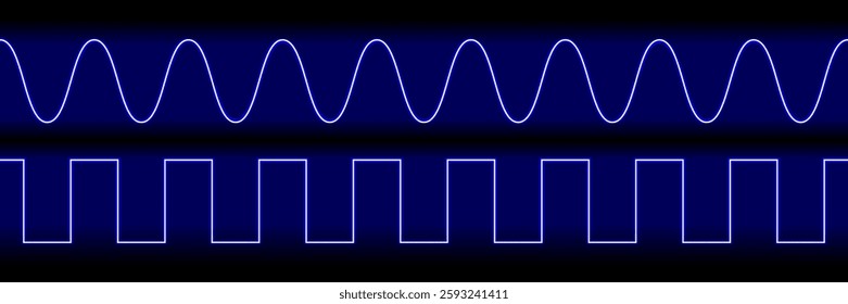 Neon lines of analog and digital circuit DAC on dark blue screen. Discretization of signal in time and quantization in level. Vector illustration