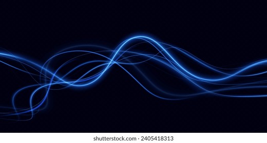 Líneas de neón de velocidad azul. Rastros dinámicos del movimiento de la luz. Ola ligera del trazo, línea del trazo. Líneas de neón futurista. Efecto de movimiento de luz. Red neuronal
