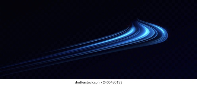 Neon lines of blue speed. Dynamic traces of light movement. Light wave of the trace, line of the trace. Futuristic neon light lines. Light movement effect. Neural network