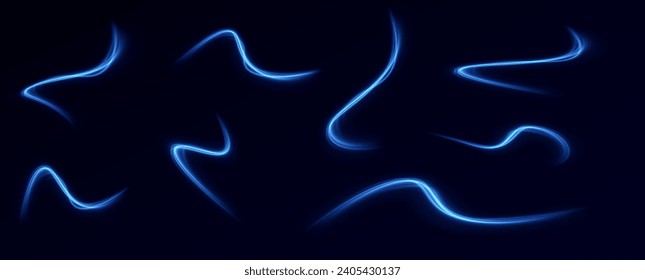 Líneas de neón de velocidad azul. Rastros dinámicos del movimiento de la luz. Ola ligera del trazo, línea del trazo. Líneas de neón futurista. Efecto de movimiento de luz. Red neuronal