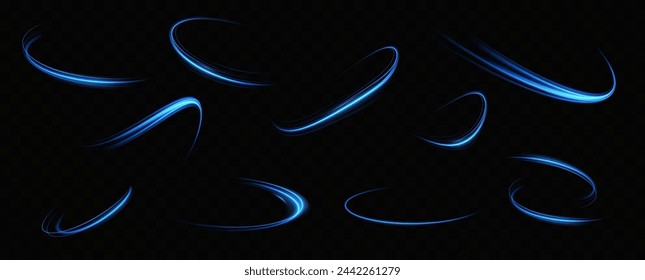 Neon lines of blue speed. Dynamic traces of light movement. Light wave of the trace, line of the trace. Futuristic neon light lines. Light movement effect. Neural network
