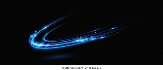 Neon lines of blue speed. Dynamic traces of light movement. Light wave of the trace, line of the trace. Futuristic neon light lines. Light movement effect. Neural network