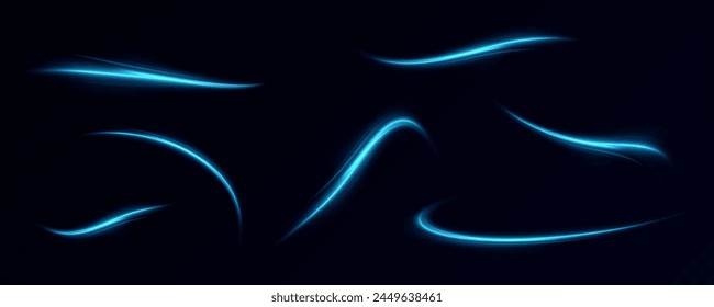 Neon lines of blue speed. Dynamic traces of light movement. Light wave of the trace, line of the trace. Futuristic neon light lines. Light movement effect. Neural network