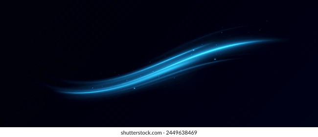 Neon lines of blue speed. Dynamic traces of light movement. Light wave of the trace, line of the trace. Futuristic neon light lines. Light movement effect. Neural network