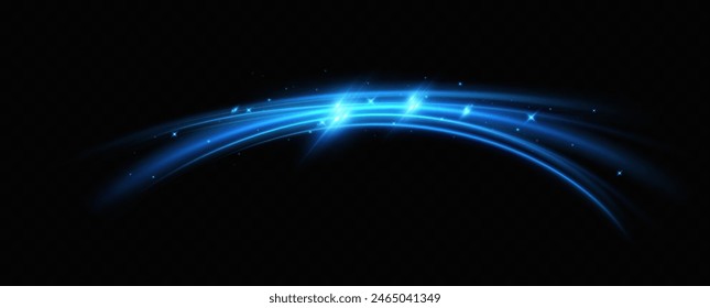 Neon lines of blue speed. Dynamic traces of light movement. Light wave of the trace, line of the trace. Futuristic neon light lines. Light movement effect. Neural network