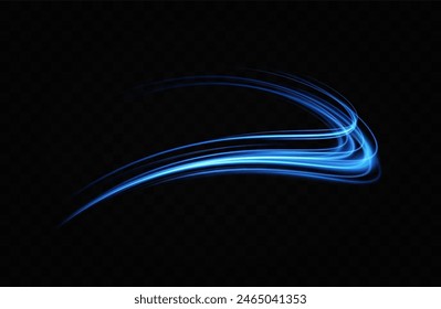 Neon lines of blue speed. Dynamic traces of light movement. Light wave of the trace, line of the trace. Futuristic neon light lines. Light movement effect. Neural network