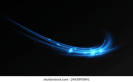 Neon lines of blue speed. Dynamic traces of light movement. Light wave of the trace, line of the trace. Futuristic neon light lines. Light movement effect. Neural network