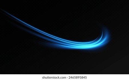 Neon lines of blue speed. Dynamic traces of light movement. Light wave of the trace, line of the trace. Futuristic neon light lines. Light movement effect. Neural network