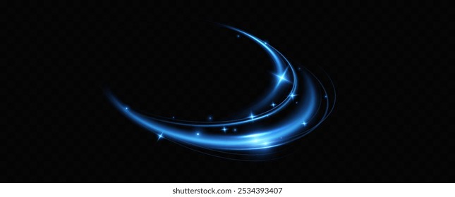 Neon lines of blue speed. Dynamic traces of light movement. Light wave of the trace, line of the trace. Futuristic neon light lines. Light movement effect.