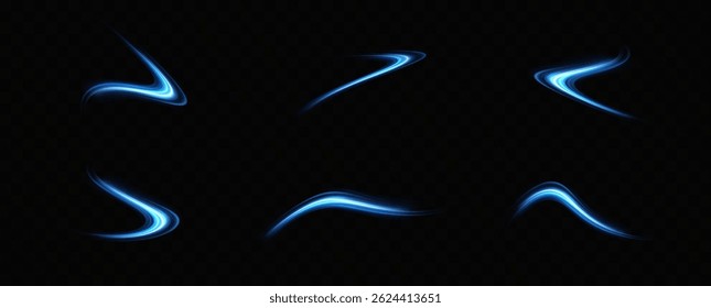 Neon lines of blue speed. Dynamic traces of light movement. Light wave of the trace, line of the trace. Futuristic neon light lines. Light movement effect. Neural network