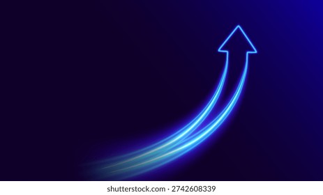 Neon lines combining upward. Blue glowing arrow up. Growth, synergy, success. Futuristic tech concept on dark gradient background.