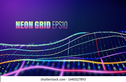 Neon lines with dots grid. 80s disco vector abstract background
