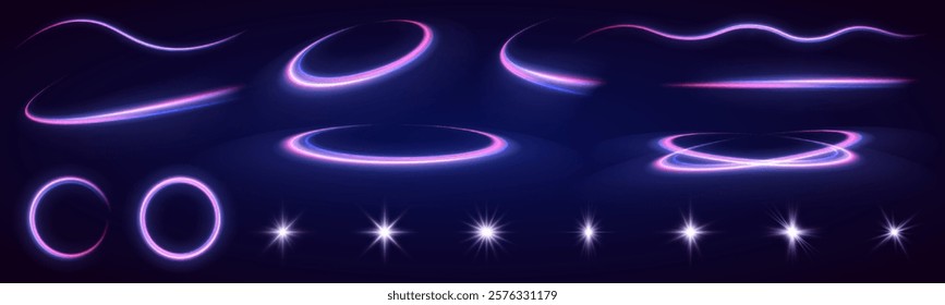 Neon lines and fiery flashes, glowing spirals and trails, blending purple and blue hues, create powerful visual effects perfect for festive and dynamic designs with a sense of motion and energy.	
