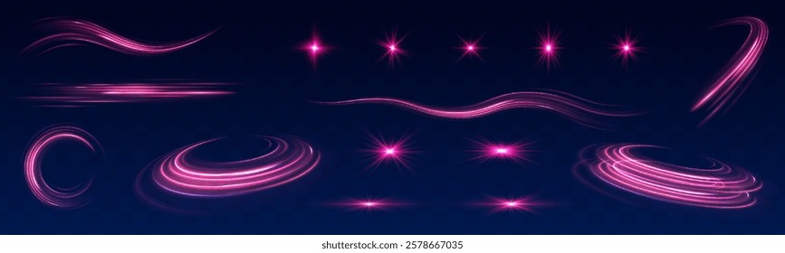 Neon lines and fiery flashes, glowing spirals and trails, blending purple and blue hues, create powerful visual effects perfect for festive and dynamic designs with a sense of motion and energy.	
