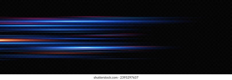 Neon lines moving light effect. Horizontal lines. Speed ​​effect on a transparent background. Lines of light, speed and movement. blue and red.	