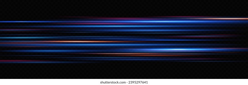 Neon lines moving light effect. Horizontal lines. Speed ​​effect on a transparent background. Lines of light, speed and movement. blue and red.	