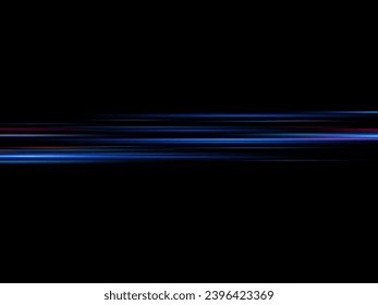 Efecto de luz móvil de líneas de neón. Líneas horizontales. Efecto rápido sobre un fondo transparente. Líneas de luz, velocidad y movimiento. azul y rojo.