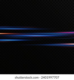 Neon lines moving light effect. Horizontal lines. Speed ​​effect on a transparent background. Lines of light, speed and movement. blue and red.	