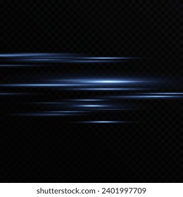 Neon lines moving light effect. Horizontal lines. Speed ​​effect on a transparent background. Lines of light, speed and movement. blue and red.	