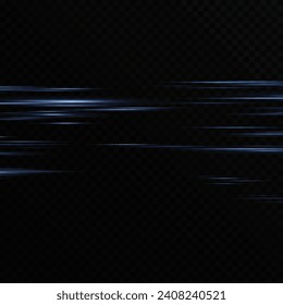 Efecto de luz móvil de líneas de neón. Líneas horizontales. Efecto rápido sobre un fondo transparente. Líneas de luz, velocidad y movimiento. azul