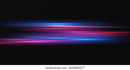 Neon lines moving light effect. Horizontal lines. Speed ​​effect on a transparent background. Lines of light, speed and movement. blue and red.	