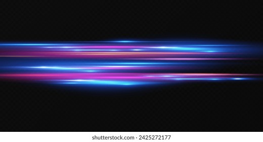 Neon lines moving light effect. Horizontal lines. Speed ​​effect on a transparent background. Lines of light, speed and movement. blue and red.	