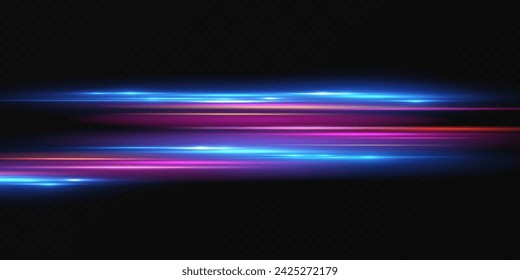 Neon lines moving light effect. Horizontal lines. Speed ​​effect on a transparent background. Lines of light, speed and movement. blue and red.	